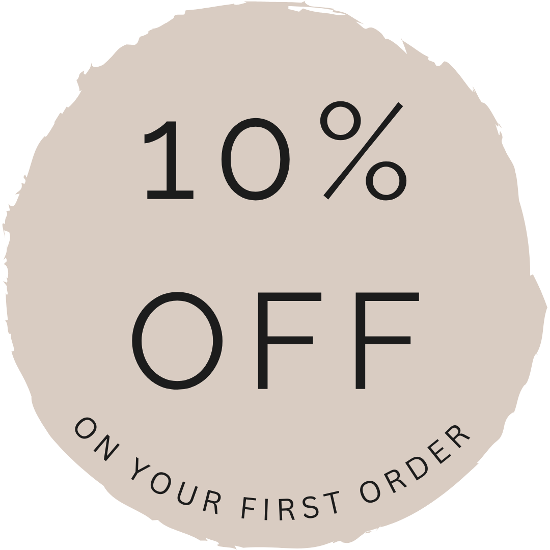 beige circle with dark font that says 10% off on your first order